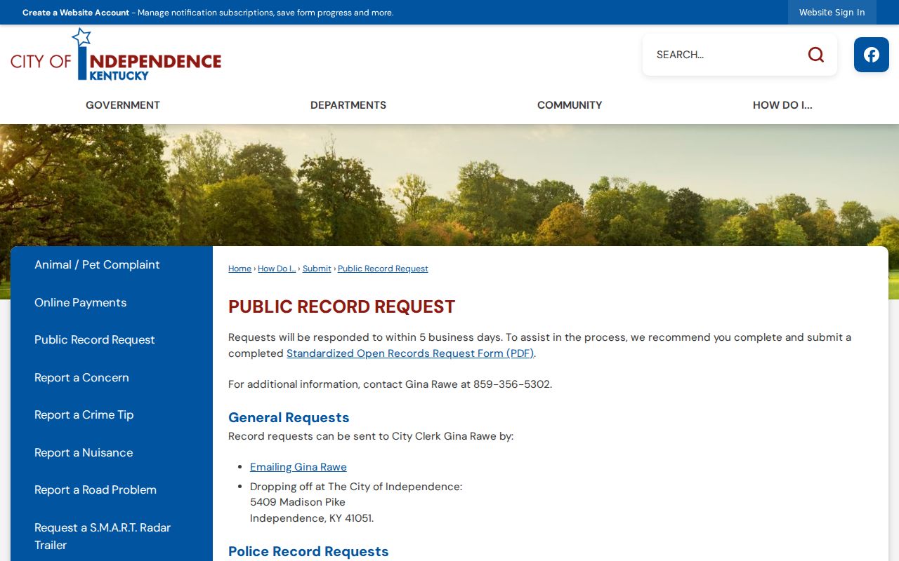 Independence criminal history public record request page